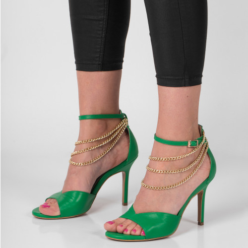 Sandały na szpilce zielone z łańcuszkiem